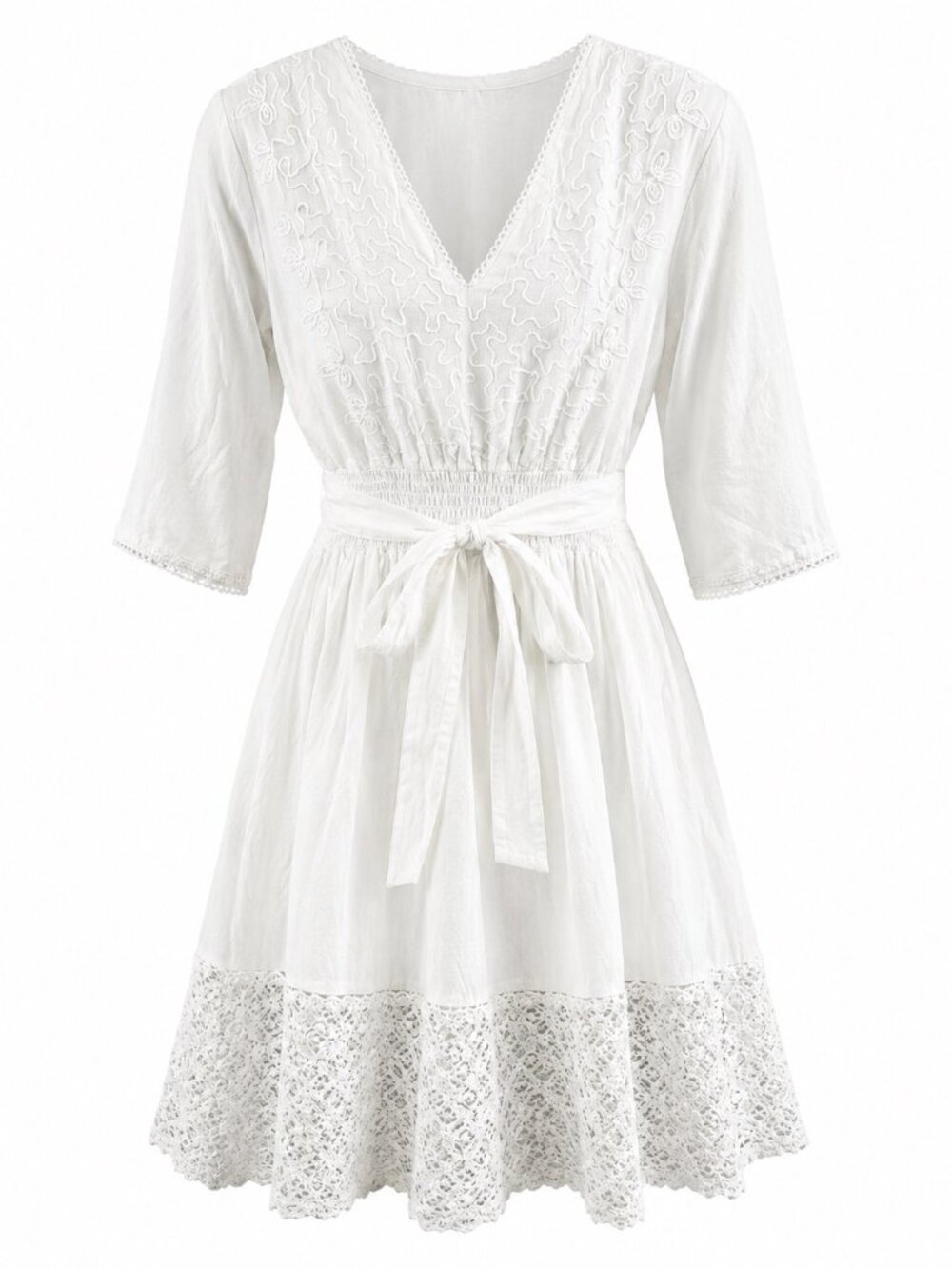 White Waves Womens White Embroidered A-Line Dress With Lace Hem L/XL